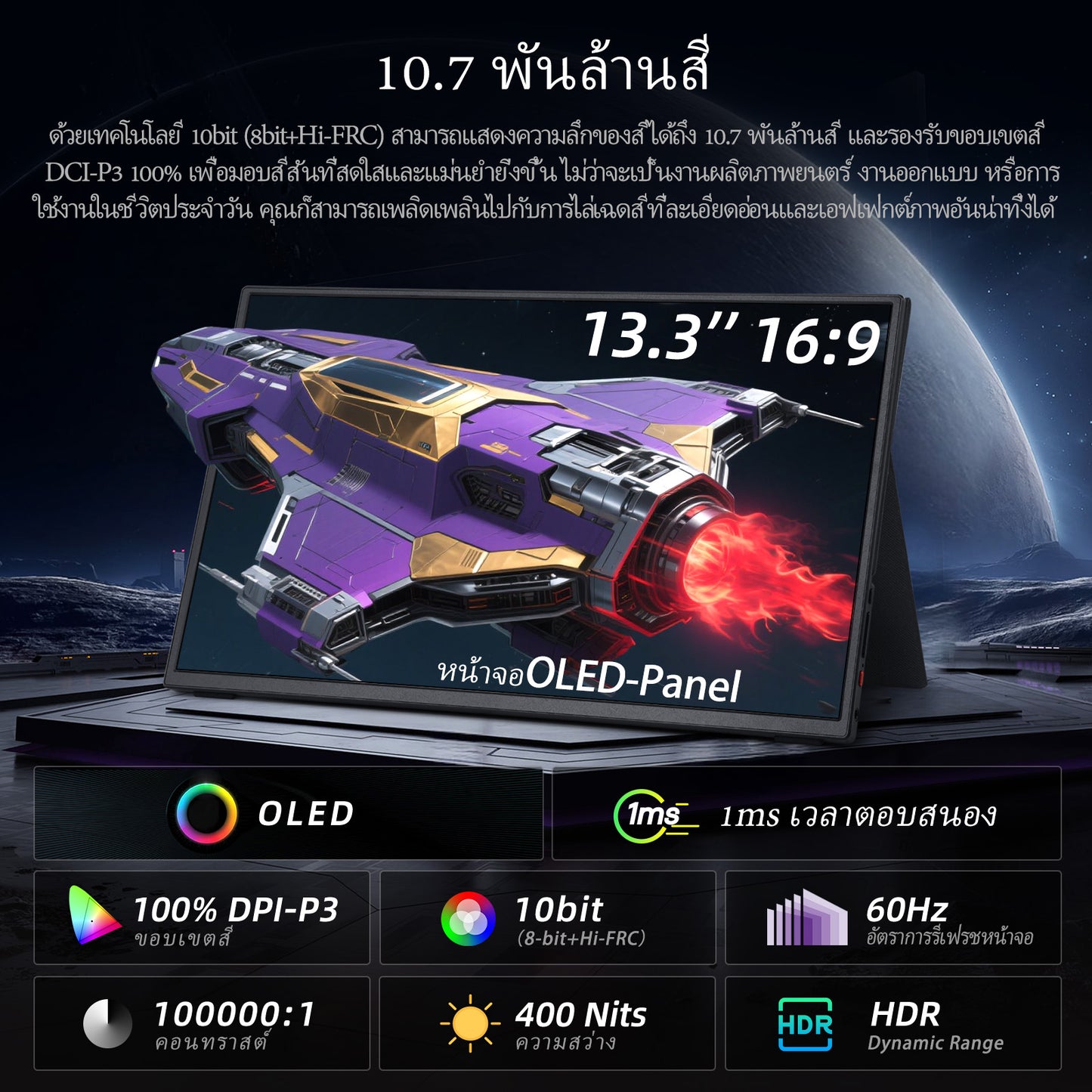 Intehill F13NA จอมอนเตอร์พกพา 13.3 นิ้ว FHD 1080p (1920×1080) 60Hz OLED จอแยก