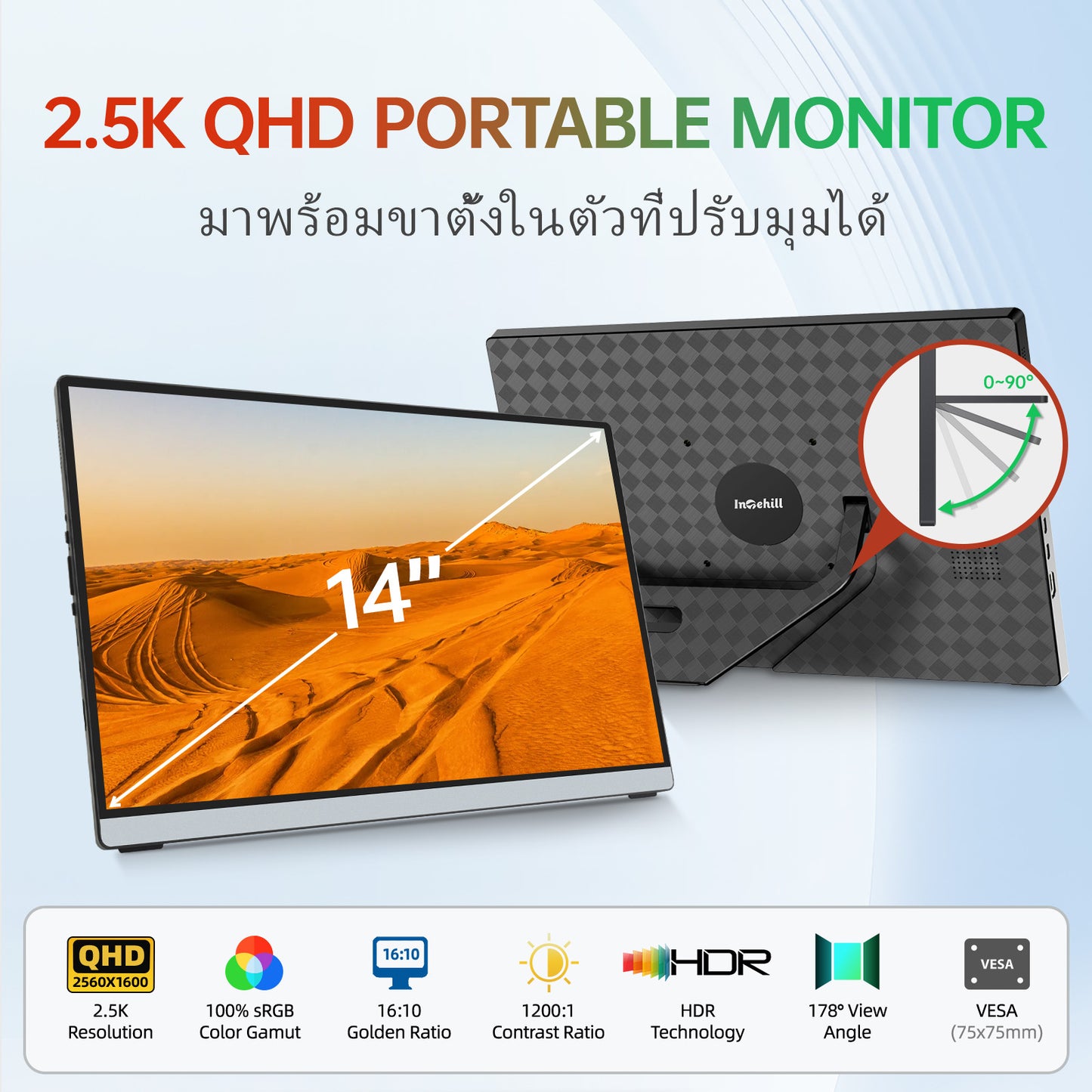 Intehill Q14ZTสัมผัสหน้าจอ จอมอนิเตอร์ 14 นิ้ว QHD 2.5K (2560×1600) 60Hz IPS จอเชื่อมโน๊ตบุ๊ค