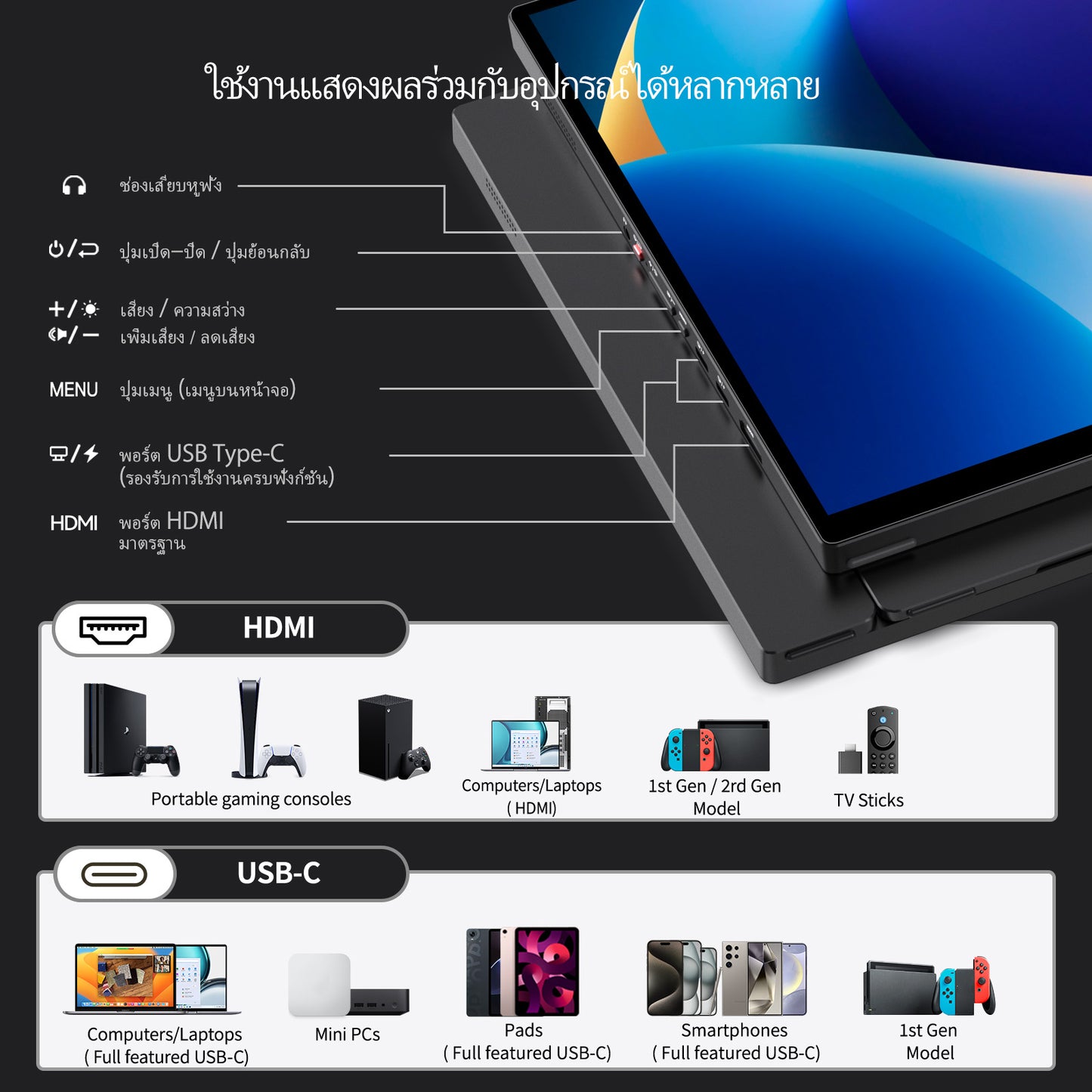 Intehill T16KB/สีดำ จอคอมพกพา 2.5K 16 นิ้ว (2560×1600) 120Hz IPS หน้าจอสัมผัส Touchscreen
