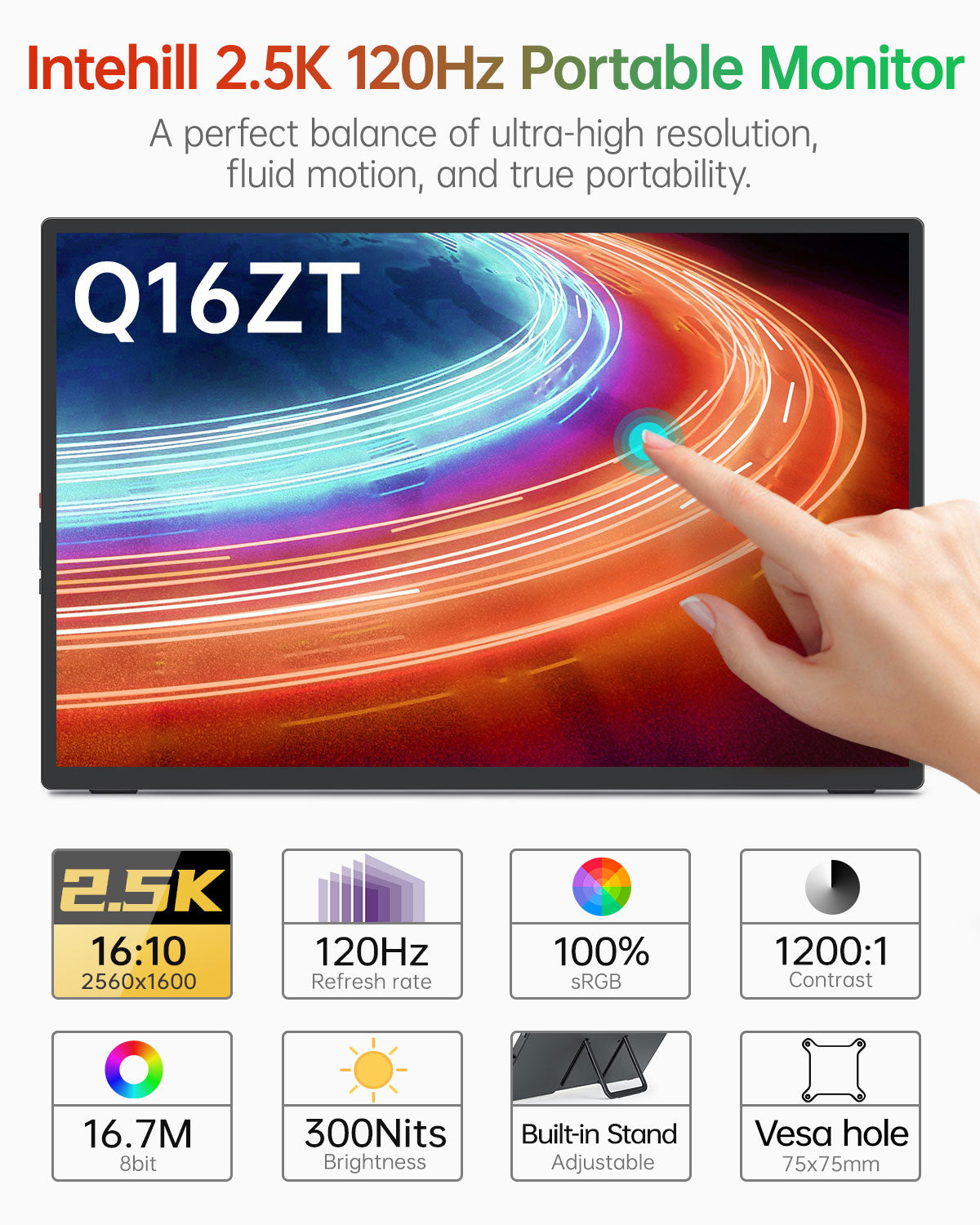 Intehill Q16ZT จอมอนิเตอร์พกพา 2K 16 นิ้ว (2560×1600) 120Hz IPS หน้าจอสัมผัส