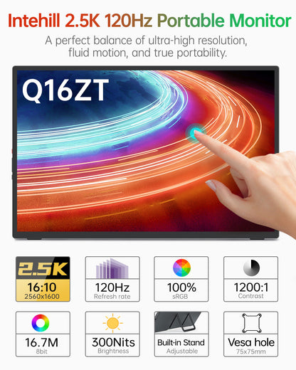 Intehill Q16ZT จอมอนิเตอร์พกพา 2K 16 นิ้ว (2560×1600) 120Hz IPS หน้าจอสัมผัส