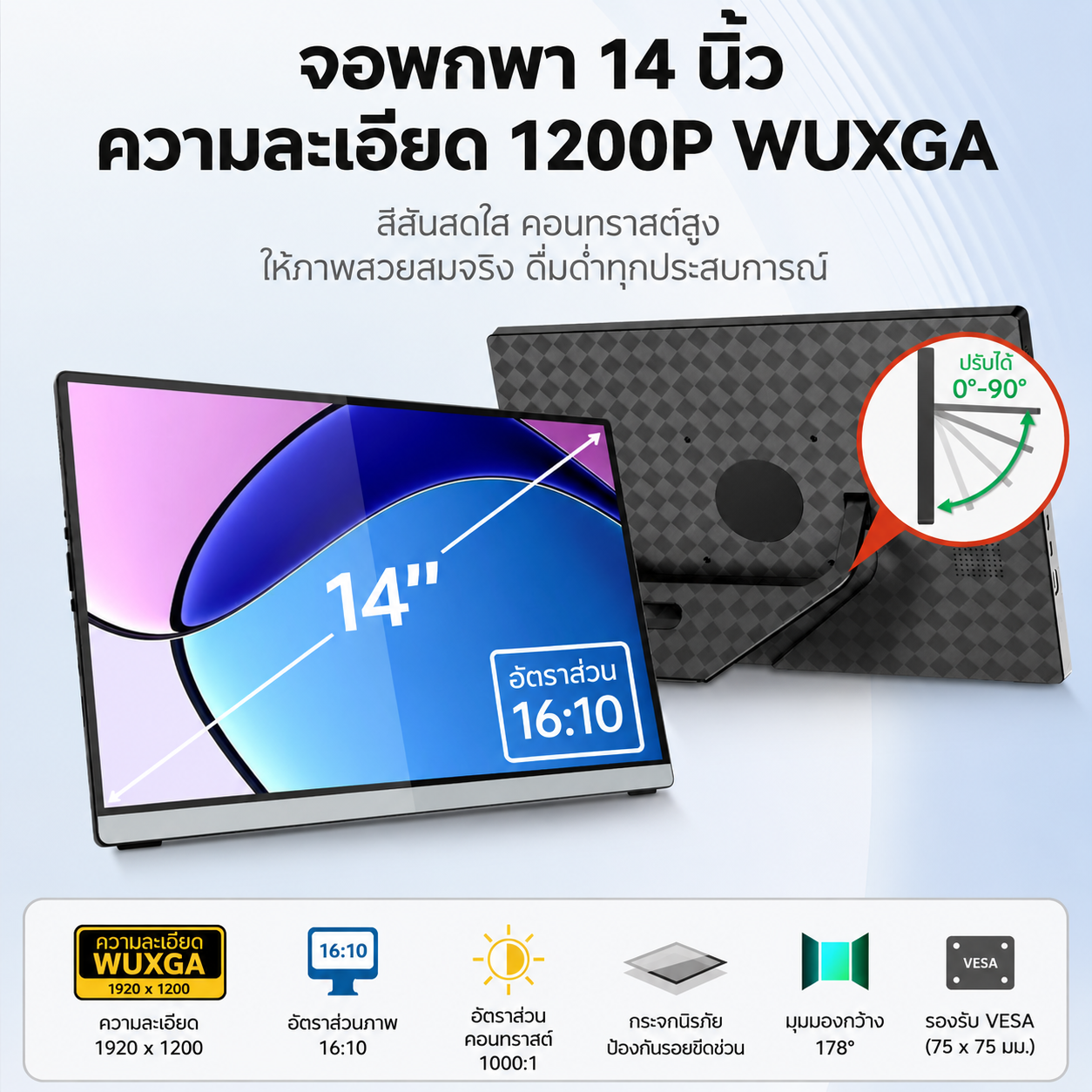 Intehill F14ZA ไม่สัมผัสหน้าจอ จอมอนิเตอร์ 14 นิ้ว FHD 1200P (1920×1200) 60Hz IPS จอเชื่อมโน๊ตบุ๊ค No Touchscreen