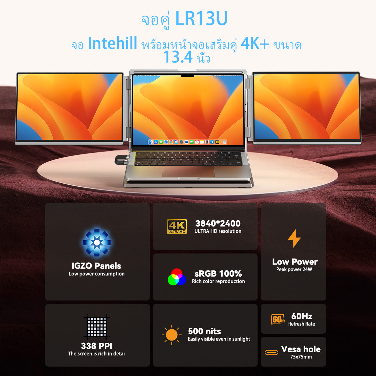 Intehill LR13U จอคอมพกพาแบบคู่ 13.4 นิ้ว x2 4K+ (3840×2400) 60Hz IGZO สำหรับแล็ปท็อประดับไฮเอนด์ 13-15 นิ้ว