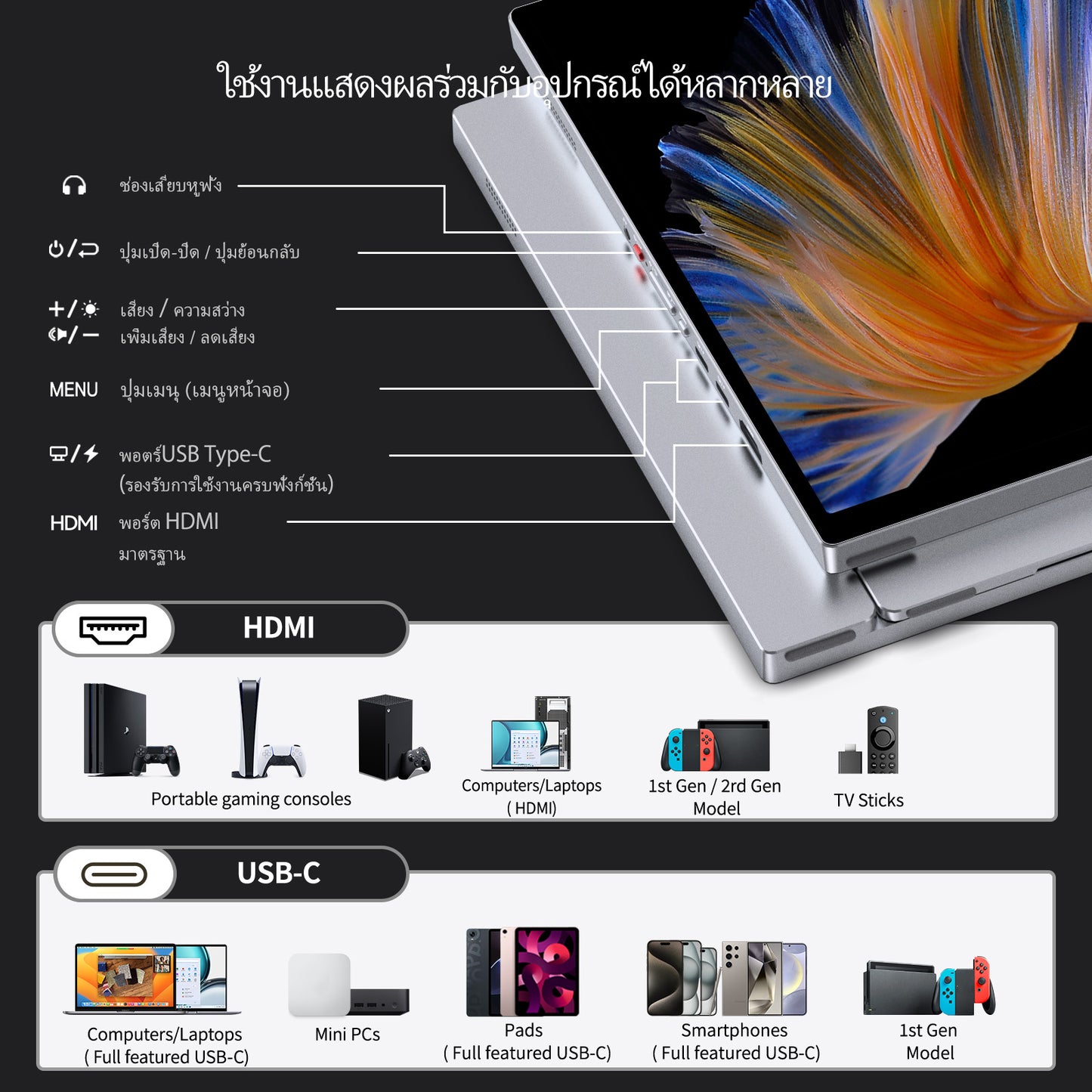 Intehill T16KB/สีเทา จอคอมพกพา 2.5K 16 นิ้ว (2560×1600) 120Hz IPS หน้าจอสัมผัส Touchscreen