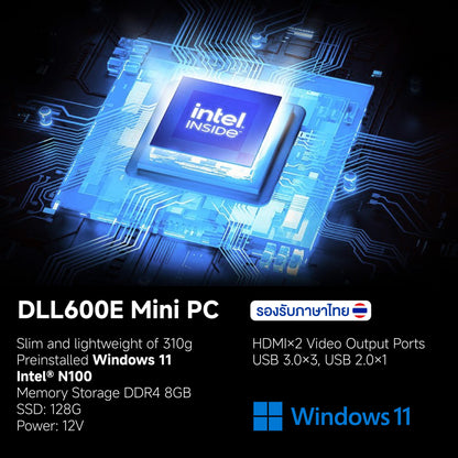 มินิพีซีสำหรับงานออฟฟิศ ใช้งานประจำวัน รองรับ Wi-Fi บลูทูธ พอร์ต HDMI สองพอร์ต DLL600E Mini PC (Intel N100, RAM 8GB DDR4, SSD 128GB)